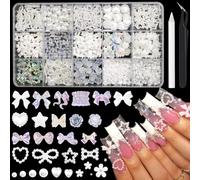 1000Pcs 3D Pearl Nail Charms for Coquette Nails Design Set, ATIMORY White Nail Bows + Aurora Pearl Heart Star Bowknot Nail Jewels + Flower Charms and Flatback Pearl Beads with Tools for Nail Decor