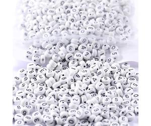 1000pcs Acrylic Alphabet Bead Flat Round 4x7mm Letter A-Z and Number Beads for DIY Jewelry Making Bracelets Key Chains Necklaces Mobile Phone Chain (White Mixed Number 0-9-1000P)