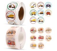 1000pcs Car & Truck Stickers for Kids, 1 Inch Cartoon Construction Vehicle Decals Round Transportation Tractor Digger Stickers Roll for Boys Toddlers Students Teacher Kindergarten School Reward