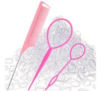 1000Pcs Clear Elastic Hair Rubber Bands, Soft And Small Hair Elastics Ties for Girls And Women, 2pcs Topsy Tail Hair Tools,Hair loop Styling Tool,1Pcs Rat Tail Combs for Hair styling,Pink Schembo