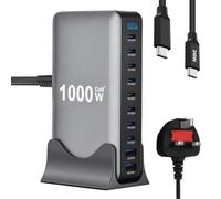 1000W Fast Charging Station, 10 Port USB Charger Block with 2M Data Cable | 8 USB-C+2 USB-A, 140W/100W USB C Charger Hub, GaN4 Multi Charger Compact for Tablets, Phones, Laptops