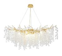 100Cm Rectangular Linear Crystal Tree Branch Chandelier Modern Gold Leaf Crystal Ceiling Pendant Light Fixture for High Ceiling Foyer Hall Entry Way Dining Room Large Light Fixture