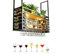 100cm Vintage Wine Glass Display Rack Free Standing LED Lighted 2 Layer Industrial Wine Bottle Holder for Bar Restaurant Cafe Decor