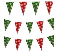 100FT Christmas Plastic Flags, Holiday Pennant Banner, Green and Red Garland with White Snowflakes, Xmas Decoration Triangle Flags, Winter Decoration Bunting Banner, by Bashout