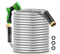 100Ft Metal Garden Hose durable stainless steel Water Hose, flexible, lightweight hose is resistant to kinks and tangles.With 10-way nozzle, strong 3/4” metal fittings, and a shut-off valve.