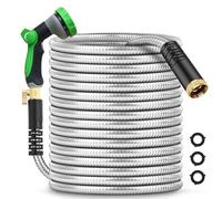 100Ft Metal Garden Hose durable stainless steel Water Hose, flexible, lightweight hose is resistant to kinks and tangles.With 10-way nozzle, strong 3/4” metal fittings, and a shut-off valve.