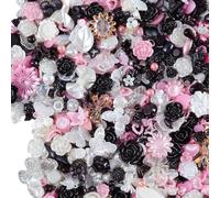 100g Large 3D Flatback Flower Charms Flat Back Resin Bow Bead Heart Shaped Pearl Charm Cute Butterfly Charms Rose Flowers Beads Half Round Pearl Beads Scrapbooking Embellishments Black Pink White