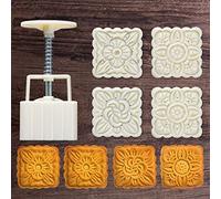 100g Mooncake Mould with 4pcs Square Flower Stamps Bakeware Cookie Cutter Hand Press Mould Cake Decoration Tool Kitchen Gadget for Kitchen Cookie Muffin Fondant Cupcake Dessert