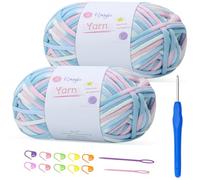 100gx2 Chunky Cotton Crochet Yarn with 4mm Hook, Soft Non-Split Thick Yarn for Amigurumi DIY Gifts, Home Decor, Beginner Projects (mixblue x 2)