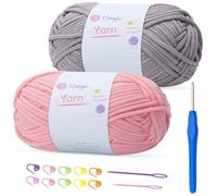 100gx2 Chunky Cotton Crochet Yarn with 4mm Hook, Soft Non-Split Thick Yarn for Amigurumi DIY Gifts, Home Decor, Beginner Projects (Grey+Pink)