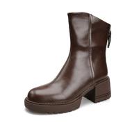 100junzidao Women's British Ankle Boots - Vintage Chunky Heel Leather with Round Toe & Back Zip, Waterproof & Durable for City Commuting, Travel and Timeless Style Brown