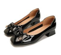 100junzidao Women's Chunky Heel Patent Leather High Heels Bow Square Toe Low Cut Wedding Shoes Versatile Comfortable Slip Resistant Black