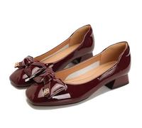 100junzidao Women's Chunky Heel Patent Leather High Heels Bow Square Toe Low Cut Wedding Shoes Versatile Comfortable Slip Resistant Red