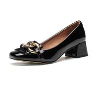 100junzidao Women's Chunky Heel Patent Leather High Heels Square Toe Low Cut Fringe Commuter Work Shoes Lightweight Comfortable and Slip Resistant Black