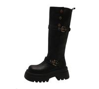 100junzidao Women's Convertible Knee-high Boots, Round-Toe Leather with Chunky Heel | Retro Design, Waterproof for All-Weather | Foldable Shaft for Two Styles | Comfortable for Work & Commuting Black