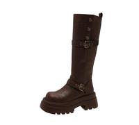 100junzidao Women's Convertible Knee-high Boots, Round-Toe Leather with Chunky Heel | Retro Design, Waterproof for All-Weather | Foldable Shaft for Two Styles | Comfortable for Work & Commuting Brown