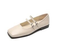 100junzidao Women's Flat Mary Janes with Double Buckles Comfortable Low-Cut Walking Shoes in Waterproof Leather PU Beige