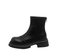 100junzidao Women's Leather Chelsea Short Boots for Autumn Winter Chunky Sole Medium Heel with Rear Zipper for Easy On and Off