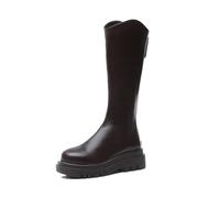 100junzidao Women's Over The Knee Boots Tall V-Cut Top for Slimming Effect Height Increasing Chunky Heel Stretchable Shaft Brown