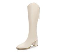 100junzidao Women's Over The Knee Equestrian Riding Boots Rear Zipper Chunky High Heel Slimming Fit Design Beige