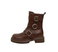 100junzidao Women's Retro Biker Boots Belt Buckle Design Chunky Sole Short Boots Soft Leather Waterproof Anti-Slip Warm Winter Boots