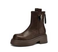 100junzidao Women's Retro British Style Leather Short Boots - Skinny Fit with Chunky Heel, Round Toe & Rear Zip | Waterproof, Non-Slip & Lightweight Comfort for Work, Walking and Travel Brown