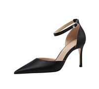 100junzidao Women's Satin Heeled Sandals Elegant Pointed Toe Sexy Classic Party Bridal Shoes Comfort with Ankle Strap Closed Wedding Bridesmaid Banquet Prom Shoes Black 5