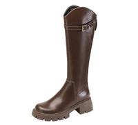 100junzidao Women's Waterproof Riding & Work Boots - Stretch Slim-fit Knee-high Leather with Chunky Round Toe, Slip-Resistant & Comfortable for Walking | Retro Style, Rear Zipper Brown