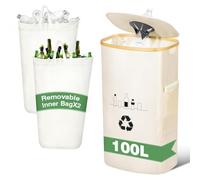 100L Recycling Bins for Kitchen Home, Deposit Bottle Collector Bins with Lid and 2 Reusable Inner Bags,Indoor Recyclable Waste Trash Sorting Organizer for Collecting Empties and Glass Waste(Off White)