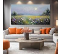 100L x 50W cm Panoramic Moon Meadow Wildflowers Canvas Wall Art, Blue Impressionism Decor for Living Room, Aesthetic Unframed Prints for Bedroom & Office, Contemporary Dreamy Frameless Nature Art