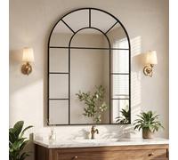 100L x 76W cm, Vintage Window Mirror, Arch Mirror for Walls, Bathroom Mirror with Grid, Tempered Glass Explosion Proof Decorative Mirror, Suitable for Garden Decoration, Bedroom, Hallway, Black