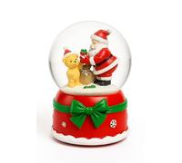 100mm Musical Christmas Snow Globe - Battery Operated Santa & Teddy Bear Figurine, Festive Red Base with Green Bow & Snowflake Accents
