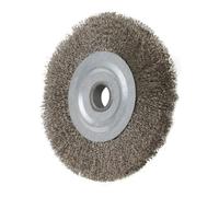 100mm Wire Wheel Brush 16mm Bore Stainless Steel Flat Crimped Disc | This stainless steel crimped wire wheel brush efficiently strips rust and paint while deburring metal and timber.
