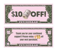100pcs $10 Gift Voucher, Cash Coupon Loyalty Reward Cards for Small Business, Client Appreciation Thank You Coupons, Money-Style Discount Certificates