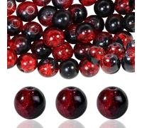 100Pcs 10mm Crackle Glass Beads for Jewelry Making - Round Spacer Crystal Beads Bulk, DIY Craft Supplies for Necklace Bracelet Earrings (Red Black)