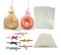 100Pcs 4×6in Rice Crispy Treat Bags Cake Pop Bags with Sticks and Ties Bow | 100 bags meet your needs, perfect for individually packing rice crisps, cookies, chocolate, ice pops and mini candies