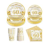 100Pcs 60th Anniversary Party Tableware Set, Gold White Anniversary Decorations, Disposable Paper Plates Cups Napkins for 60th Wedding Milestone Celebration Supplies