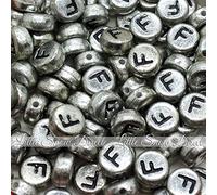 100pcs 7mm Acrylic Letter Coin Beads A - Z Disc Alphabet Beads - F, Vintage Silver