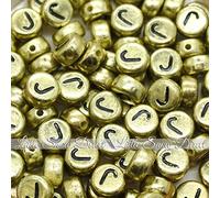 100pcs 7mm Acrylic Letter Coin Beads A - Z Disc Alphabet Beads - J, Vintage Gold