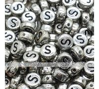 100pcs 7mm Acrylic Letter Coin Beads A - Z Disc Alphabet Beads - S, Vintage Silver