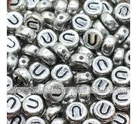 100pcs 7mm Acrylic Letter Coin Beads A - Z Disc Alphabet Beads - U, Vintage Silver