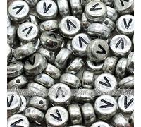 100pcs 7mm Acrylic Letter Coin Beads A - Z Disc Alphabet Beads - V, Vintage Silver