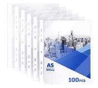 100PCS A5 Punched Pockets, A5 Plastic Wallet 160 Micron Heavy Duty, 7 Hole Clear Plastic Sleeves Top Opening, Frosted Poly Pockets for 2/3 Ring Binders, Files Protector for Office, School, Home