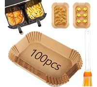 100pcs Air Fryer Liners, 8.7x5.5inch Disposable Air Fryer Paper Liner Rectangle Parchment Greaseproof Paper Liner with Silicone Pastry Brush for Ninja AF300UK, AF400UK& Tower T17088 Vortx