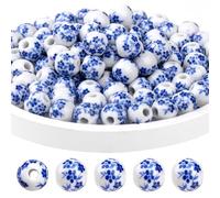 100PCS Blue and White Porcelain Beads Blue Flower Printed Spacer Beads Handmade Round Loose Porcelain Bulk Craft Beading Kit for DIY Jewelry Arts Crafts Necklace Bangle 8mm