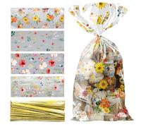100Pcs BMYUK Wildflower Party Cellophane Treat Bags Easter Clear Cello Candy Goodies Bags with Twist Ties Plastic Floral Candy Cookie Packing Clear Goody Gift Bags Favor Decorations forBirthday Supply