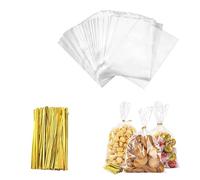 100Pcs Cellophane Bags, 10 x 15 cm Clear Bags with Twist Ties for Candy, Soap, Cookie, Mugs, Clear Plastic Gift, Flat Bottom Party