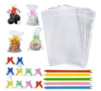 100Pcs Cellophane Bags with Colorful Pull Bows Twist Ties, Food Safe Clear Plastic Bags for Cookies, Baking, Sweet Candy, Cupcake, Package bags For Birthday, Weeding, Chrismas Party(15.5cm x 25cm)