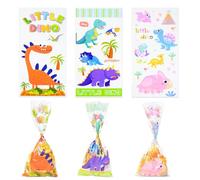 100Pcs Cellophane Sweet Bags - Multiple Patterned Candy and Cookie Bags With 100 Twist Ties - Resealable Flat OPP Small Cellophane for Sweets, Food, Dessert, Candies, Gifts (5 x 11 Inches) (Dinosaur)