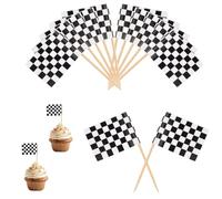 100pcs Checkered Flags, White and Black Mini Checkered Cocktail Pick Flags Race Car Cupcake Toppers Double Side Printed Checkered Flag Cupcake Stick for Car Party Supplies Decorations
